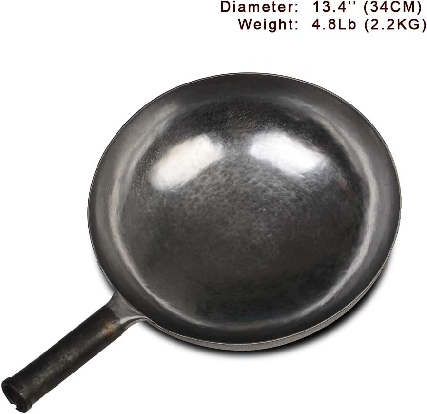 臻三环 ZhenSanHuan Chinese Hand Hammered Iron Woks and Stir Fry Pans, Non-stick, No Coating, Carbon Steel Pow (34CM, Silver - Not Seasoned)