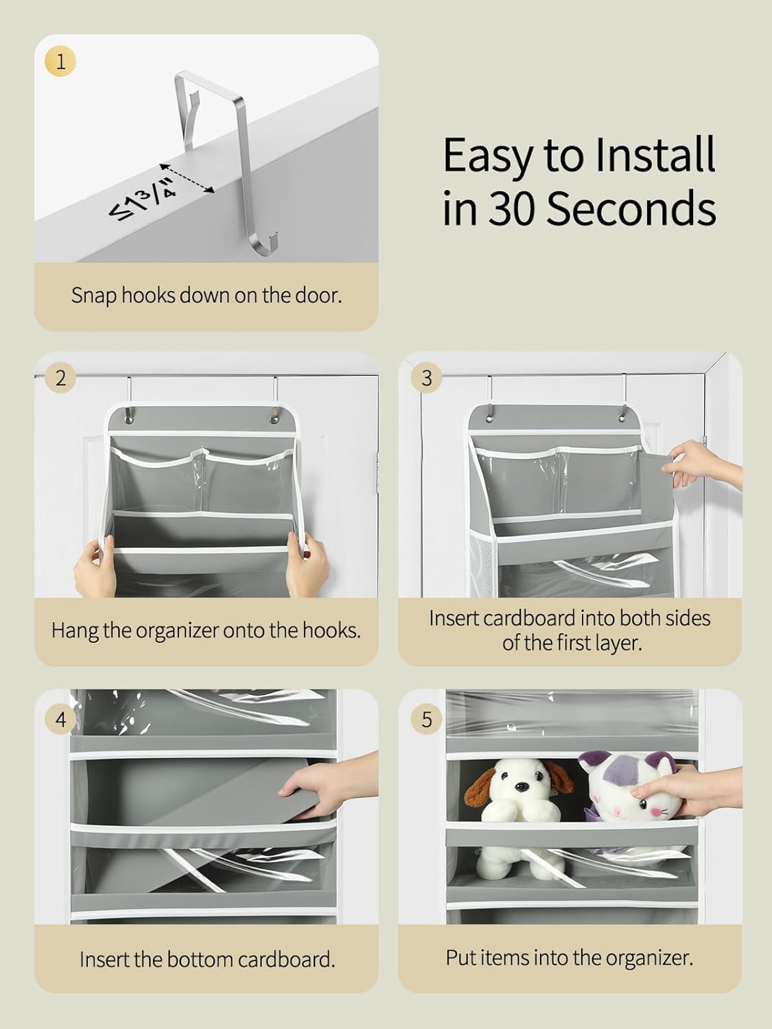 Yecaye 5 Tier 2 Pc Over the Door Organizer, Swing-proof Door Organizer Hanging with Clear PVC Windows, Behind the Door Storage for Bedroom Nursery Closet Laundry Pantry Bathroom, Grey