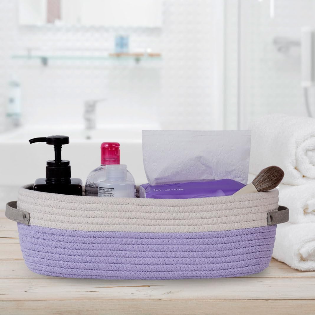 Cotton Rope Woven Basket Toilet Paper Organizer - Decorative Storage Basket for Boho Decor - 13"x5.9"x4" Purple