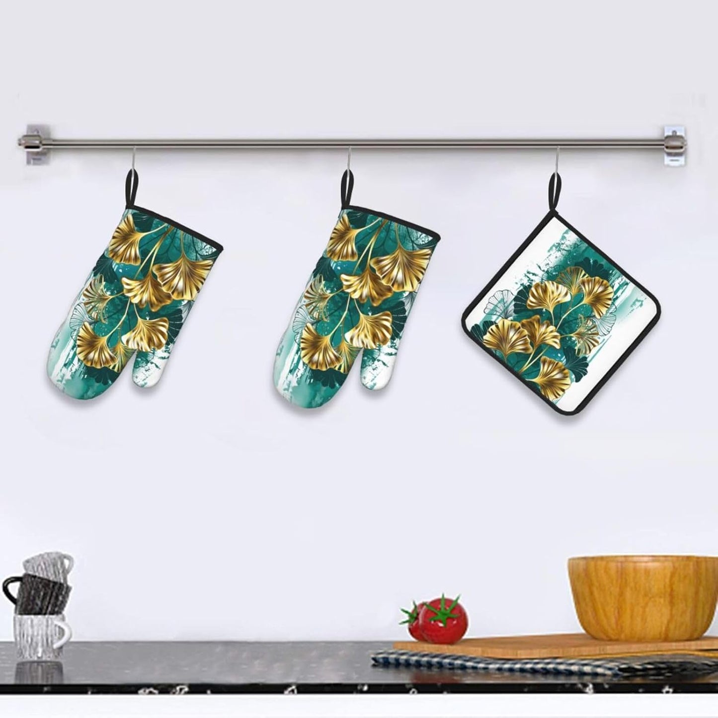 Teal Gold Green Leaves Oven Mitts and Pot Holders Set Heat Resistant Non Slip Set of 3 Decorative Kitchen Gloves Hot Pads for Cooking BBQ Baking Grilling