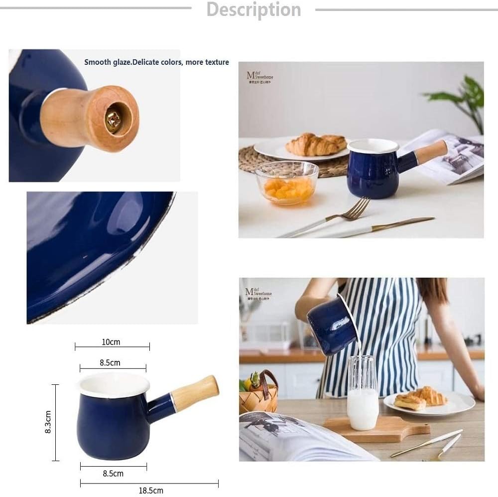 Enamel Milk Pot, Small Enamel Saucepan Milk Pot Butter Warmer 4 Inch 17 Oz Enamel Small Sauce Pan with Wooden Handle, Perfect Size for Heating Smaller Liquid Portions. (Blue)