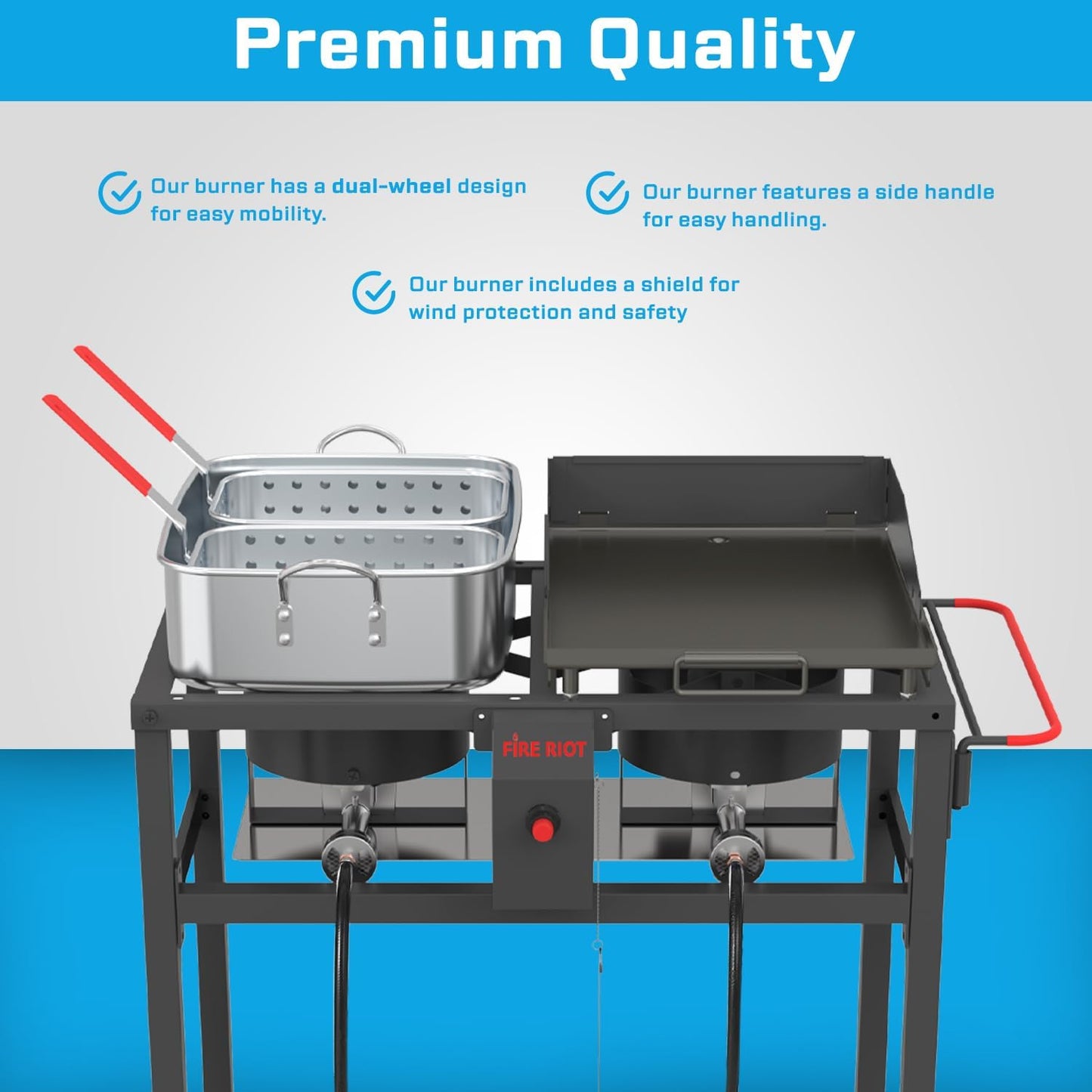 Outdoor Propane Deep Fryer and Griddle Combo, Portable 2-in-1 Cooking Station with Double Burner Propane Stove and Wheels, Ideal for Outdoor BBQ, Camping, and Tailgating