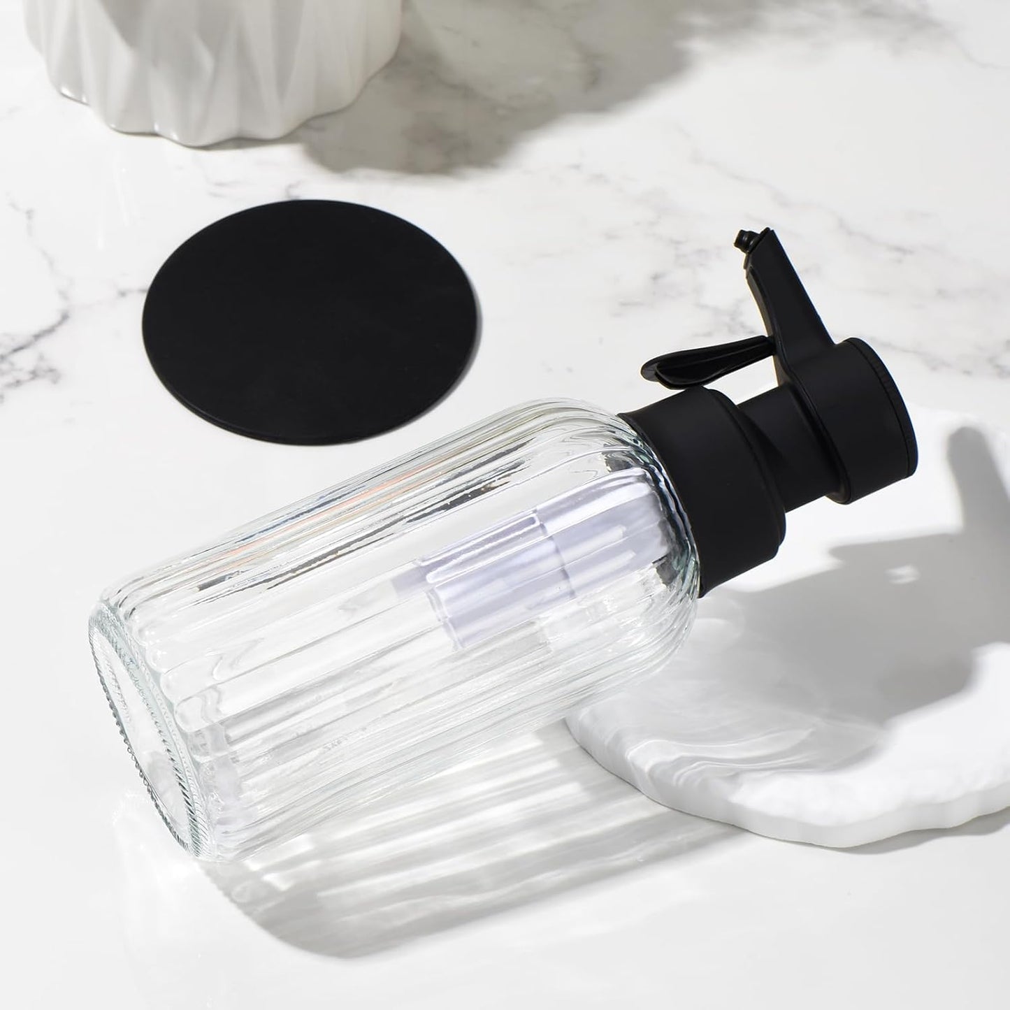 Automatic Foaming Soap Dispenser, 17oz Clear Glass Hand Soap Dispenser with ABS Touch Sensor Pump Battery Operated, Dish/Hand Soap Refillable for Bathroom Kitchen (Black)