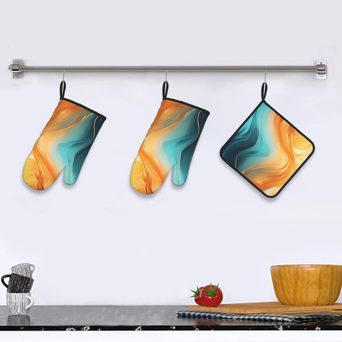 Orange Teal Marble Oven Mitts and Pot Holders Sets of 3 Kitchen Hot Pads Modern Oven Gloves Heat Resistant Washable for Cooking Grilling Baking Holiday Kitchen Decor