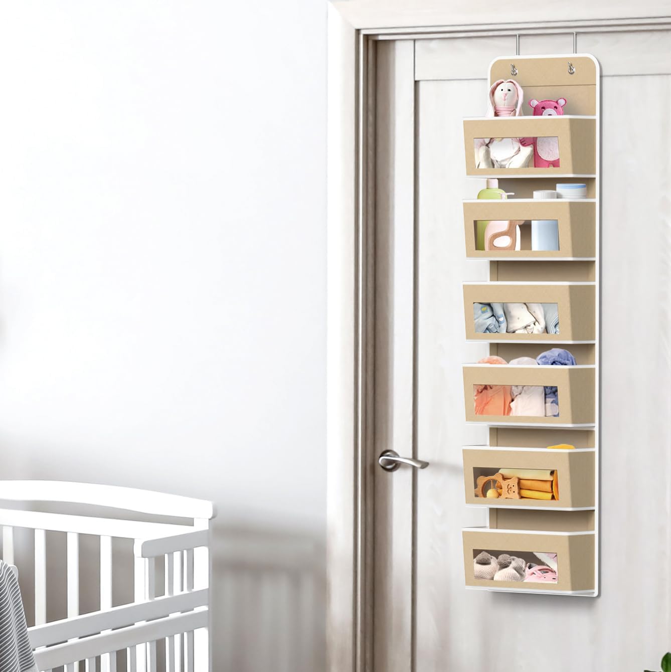 SIMPLE HOUSEWARE 6 Clear Window Pocket Over Closet Door Storage Hanging Organizer for Bedroom, Bathroom, Pantry, Beige
