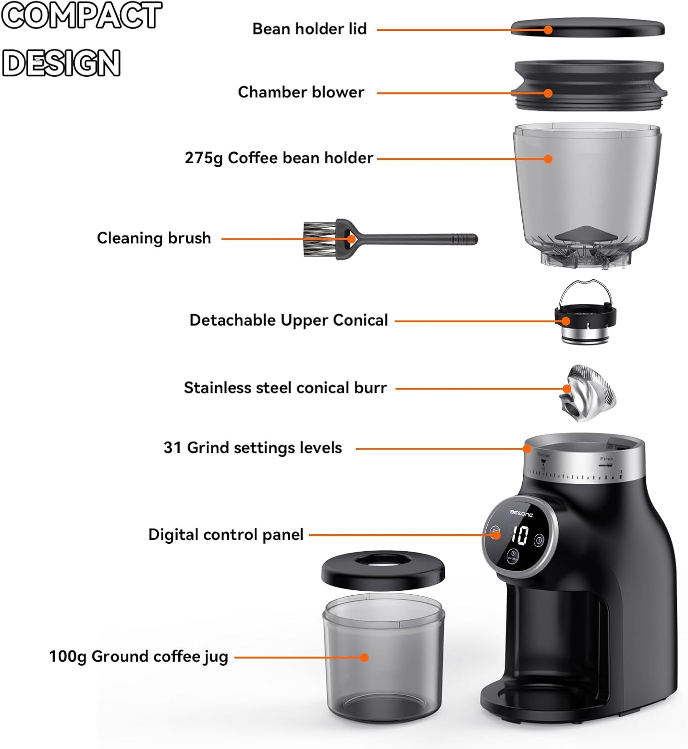 Coffee Grinder Electric with Precision Timer, Adjustable Burr Mill with 31 Precise Settings, Coffee Been Grinder for Home Use, for Espresso and Turkish Coffee, Drip and French Press, Black