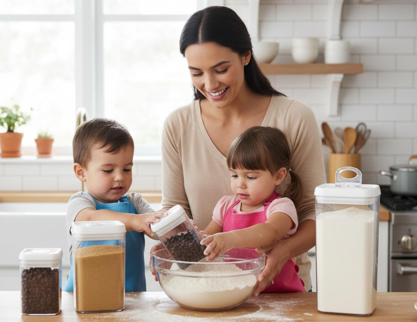 Felli Flip Tite Acrylic Food Storage Container with Lid 6” XL Air Tight Ring Seal Flip Top, Plastic Kitchen Baking Canister for 5 lb Flour Sugar Rice Protein Powder Pantry Organizer (Nest-M, White)