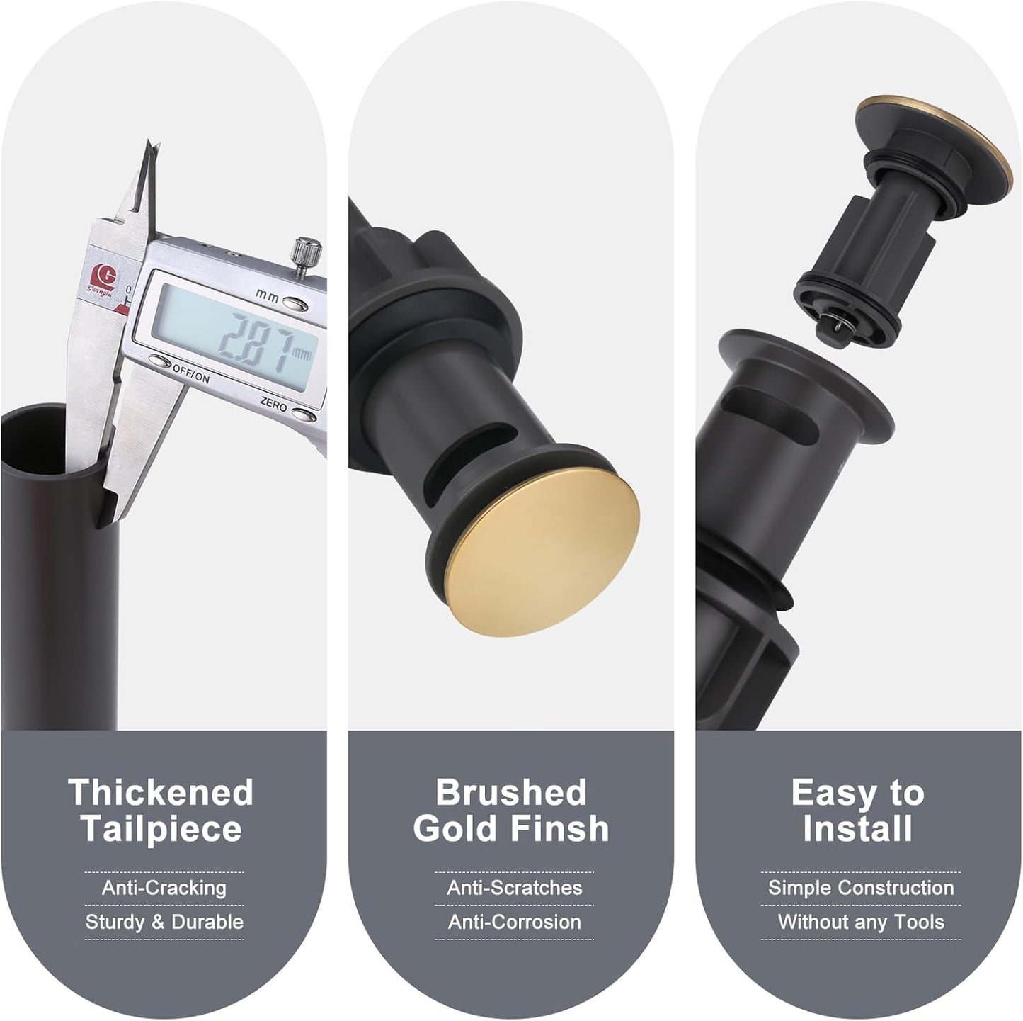 ARCORA Bathroom Sink Drain with Overflow 2 Pack, Brushed Gold Pop Up Drain Stopper Vanity Vessel Sink Clicker Drain Stopper