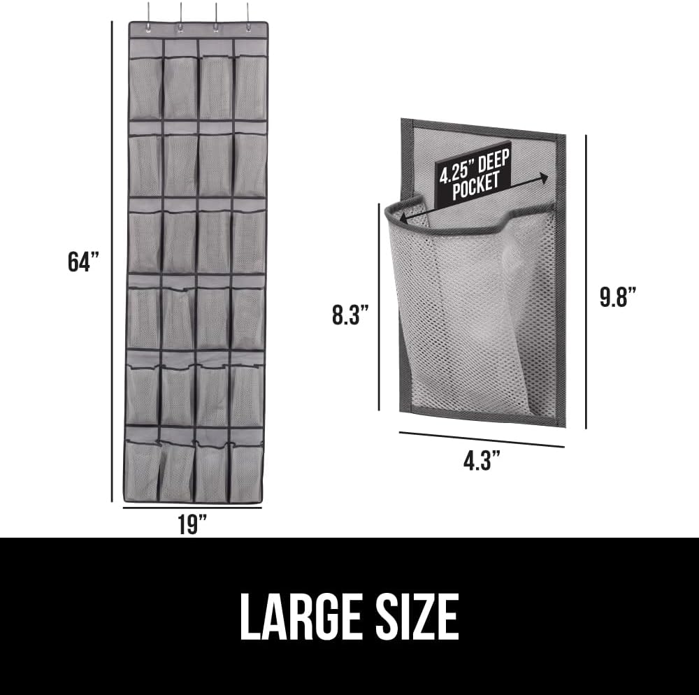 GORILLA GRIP Over the Door Shoe Organizer, 24 Large Breathable Mesh Pockets, Space Saving Hanging Storage Holder, Closet Rack Hanger Holds Up to 40 lbs, Hangs on Closets for Shoes, Accessories, Gray
