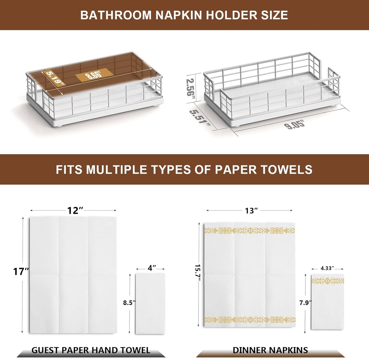 Wican Guest Towel Holder Tray for Bathroom, Oak and Iron Napkins Holder for Powder Room Dinning Table Wooden Basket for Disposable Paper Hand Towels Silvery and White