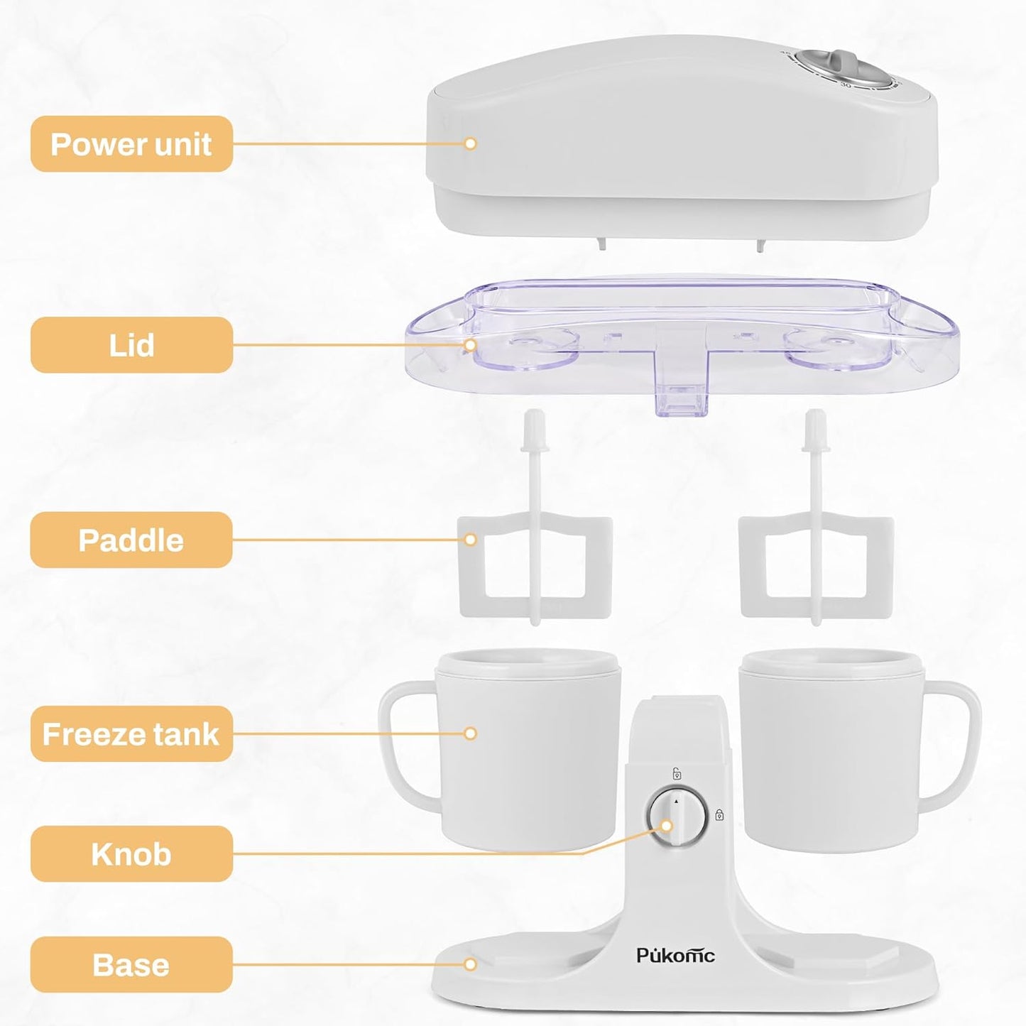 Pukomc Ice Cream Maker Machine for Home Use, with Two Ice Cream Bowls,Simple Operation and Easy to Clean,White