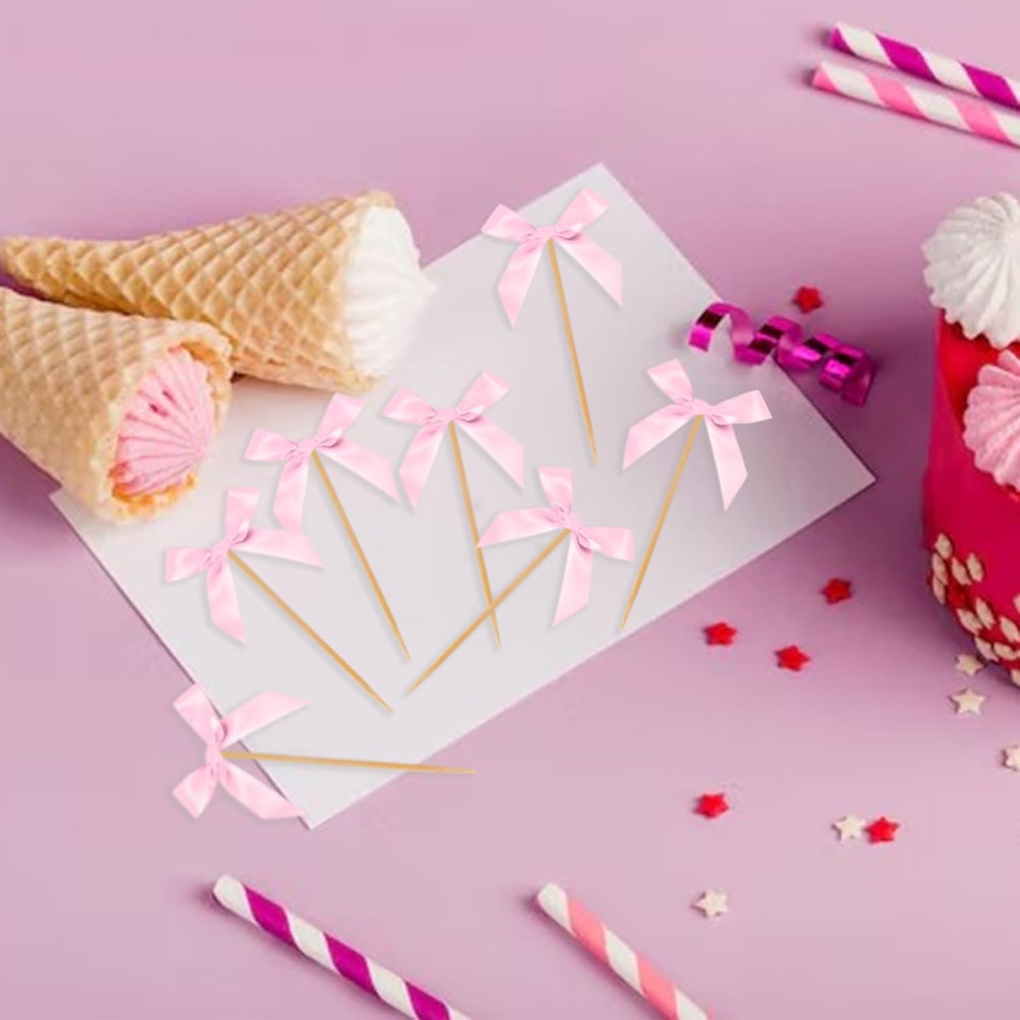 Pink Bow Cupcake Toppers, 40 Pcs Bow Cake Topper Birthday Decorations Bowknot Cupcake Picks for Coquette Theme Party Decoration Bachelorette Bridal Engagement Wedding Baby Shower Party Decor