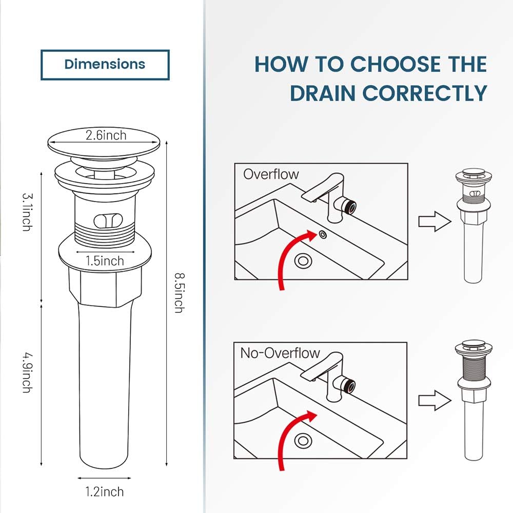 Vessel Sink Drain, Bathroom Faucet Vessel Sink Pop Up Drain Stopper, Built-in Anti-Clogging Strainer, with Overflow Matt Black, Fits Standard American Drain Hole(1-1/2" to 1-3/4") RWF083P