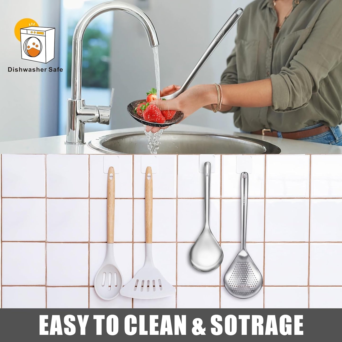 Large Serving Cooking Spoon Set, Stainless Steel Soup Gravy Ladle, Solid Slotted Metal,for Mixing, Serving, Stirring (2-Piece)