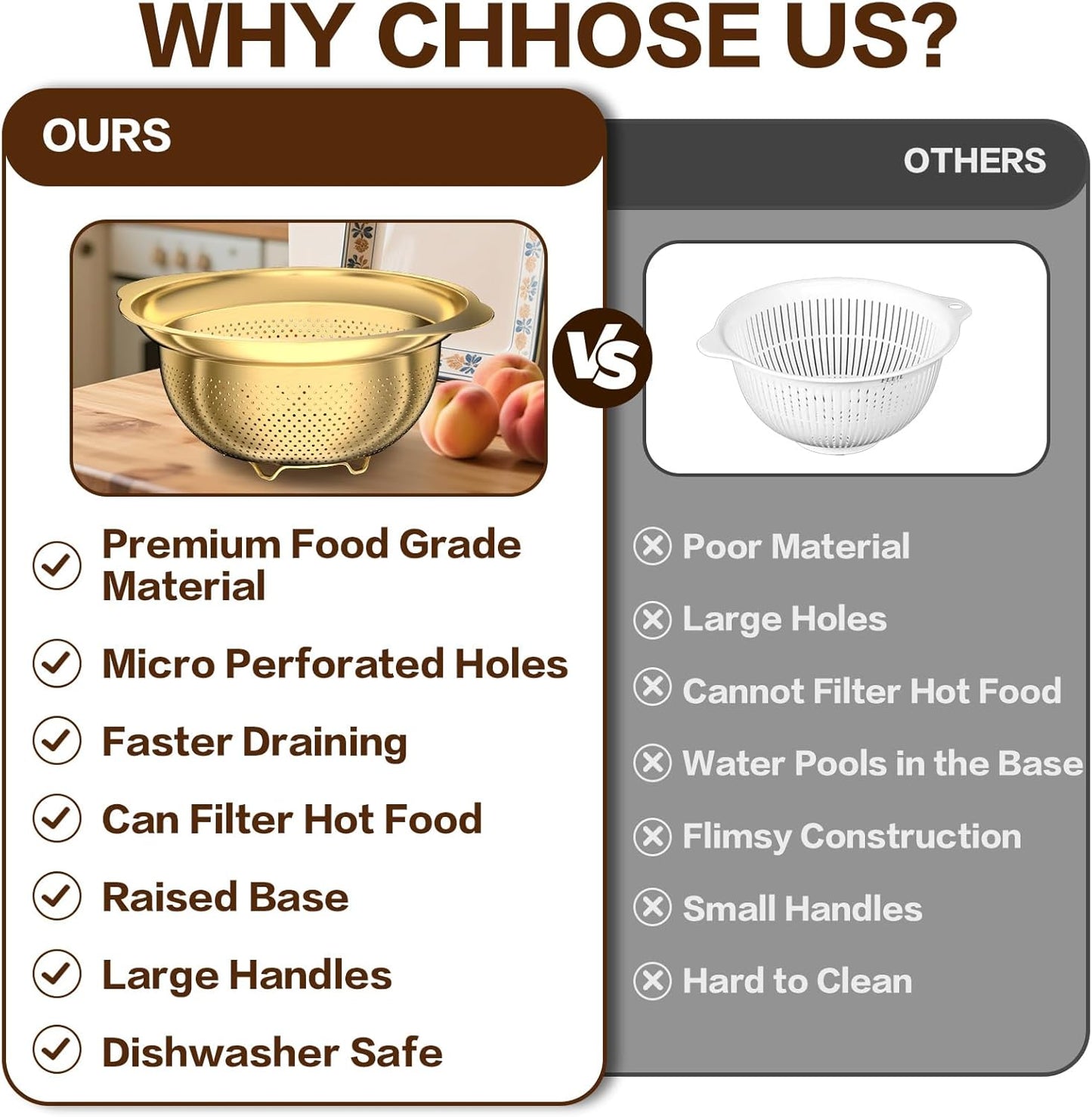 Stainless Steel Strainers for Kitchen, Stainless Steel Colander, Kitchen Strainer for Pasta Fruits Vegetables, 3 Pack Strainers and Colanders(2QT, 3QT, 5QT), Rust-Proof & Dishwasher Safe, Gold