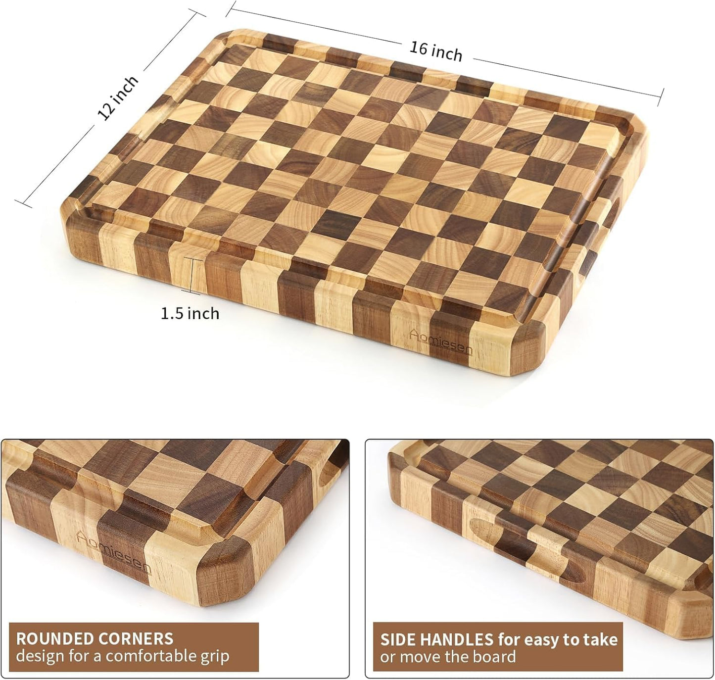 Large wood Cutting Board for Kitchen with Juice Handles , Chopping Board Cheese Charcuterie Board (Checkered cutting board)