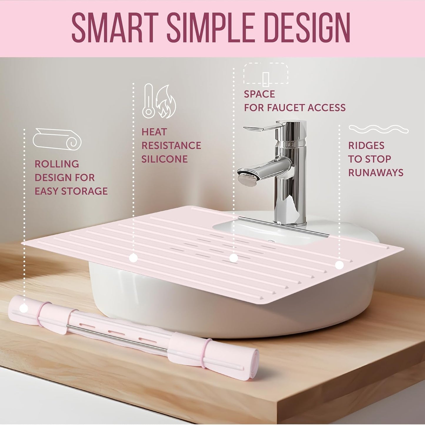 Maplefield Foldable Silicone Bathroom Sink Cover - Extra Counter Space Vanity Mat - Heat-Resistant Bathroom Sink Topper - Large, Rose Pink, 22 x 2 x 2 in