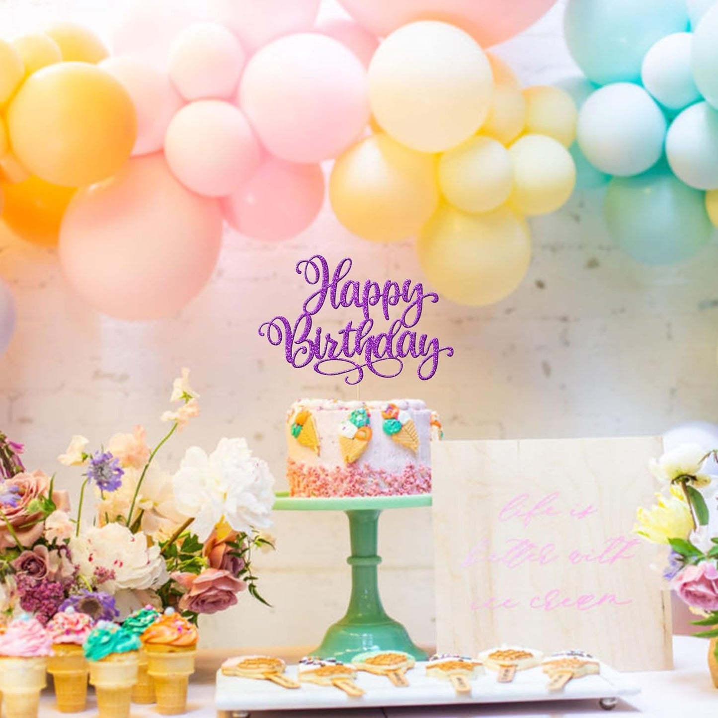 ZHUOWEISM 1 PCS Happy Birthday Cake Topper Glitter Happy Birthday Cake Pick for Celebrating Happy Birthday Anniversary Party Cake Decorations Supplies Purple