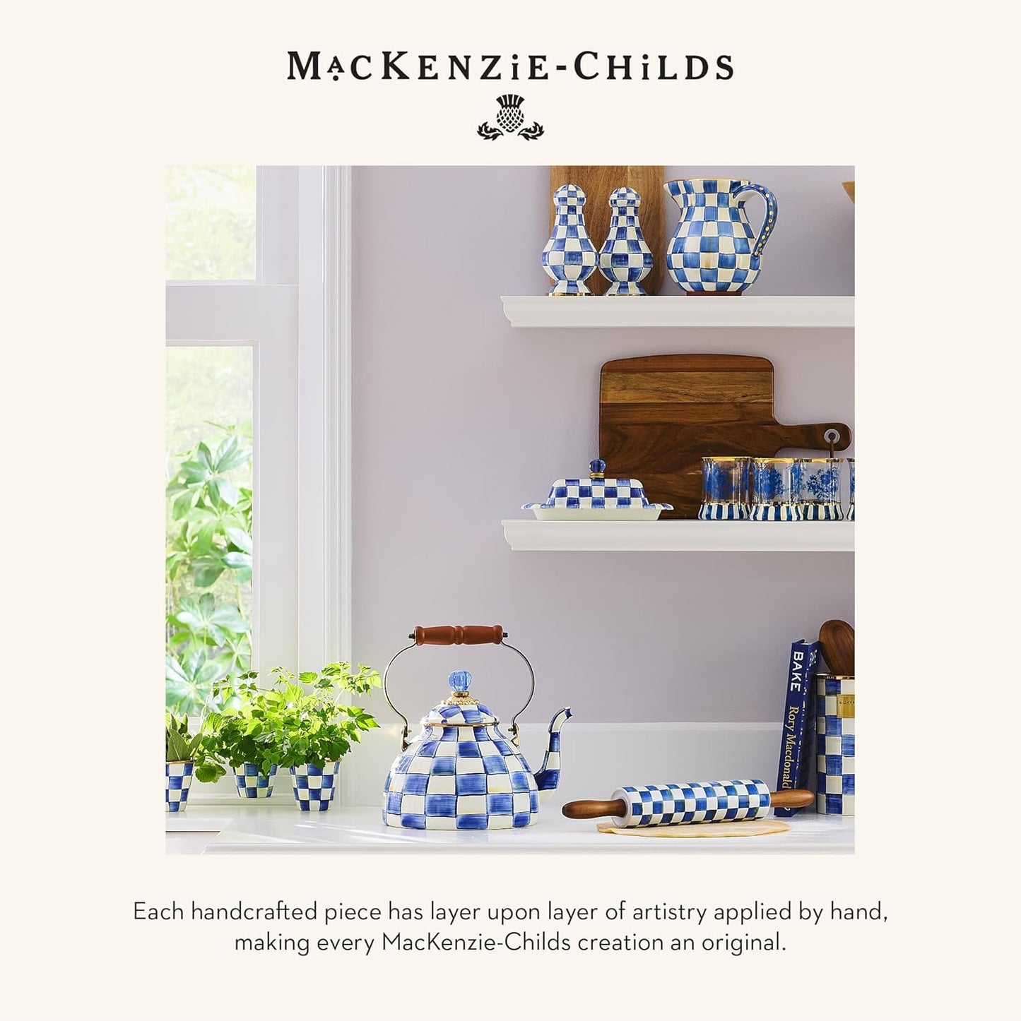 MACKENZIE-CHILDS Enamel Herb Pots, Small Plant Pots for Herbs or Flowers, Set of 3, Blue-and-White Royal Check