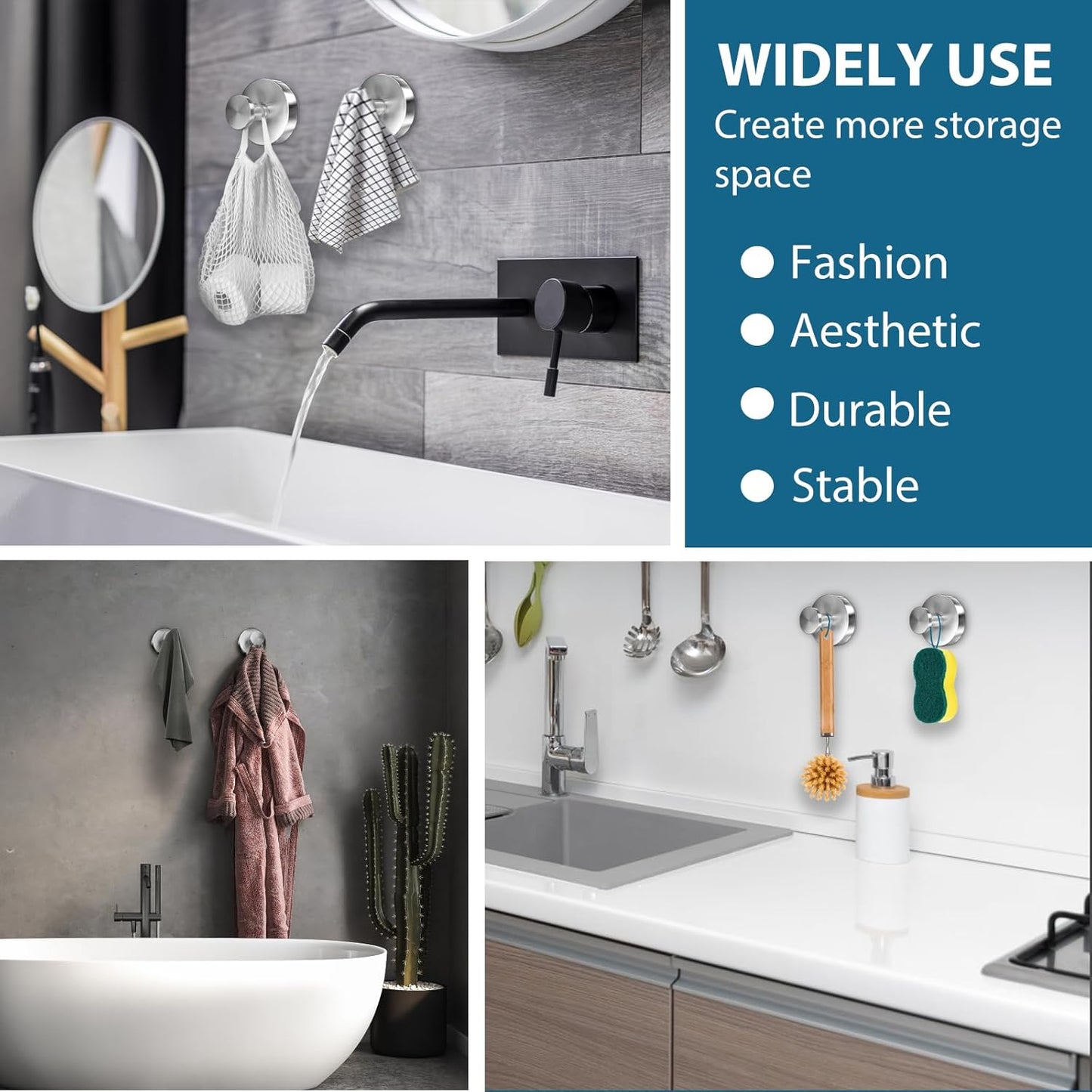 Suction Cup Hooks for Shower, 2 PCS No-Drill Towel Holder for Bathrooms Wall, Glass Door, Mirror, Tiles, Kitchen, Hold Robe & Wreath, Hanging up to 15 lbs – Waterproof & Rustproof, Loofah-Silver