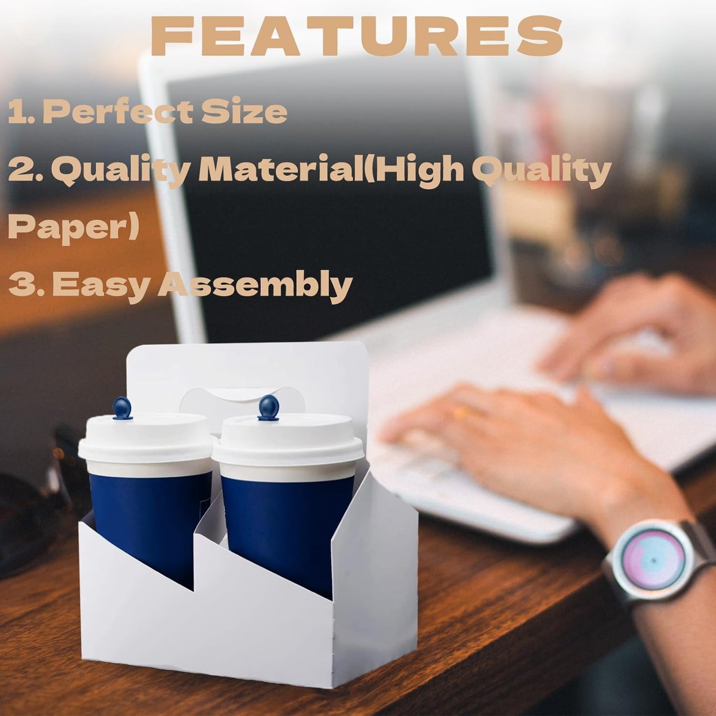 Kraft Paperboard 4-Cup Drink Carrier with Handle, 12-30 oz Coffee Cup Holder, Takeout Beverage Delivery, 15-Pack(Without Cups)