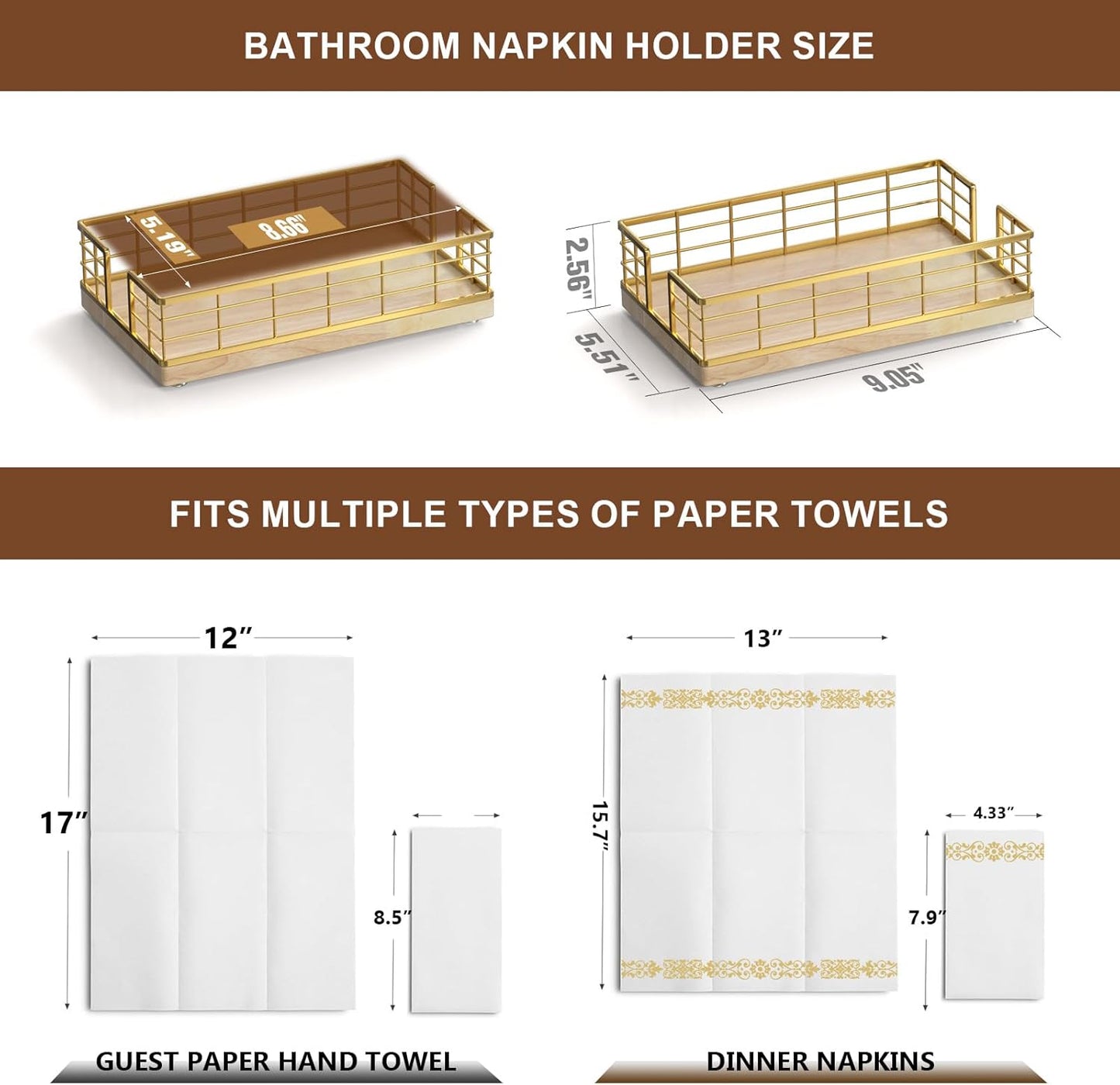 Wican Guest Towel Holder Tray for Bathroom, Oak and Iron Napkins Holder for Powder Room Dinning Table Wooden Basket for Disposable Paper Hand Towels Gold and Oak