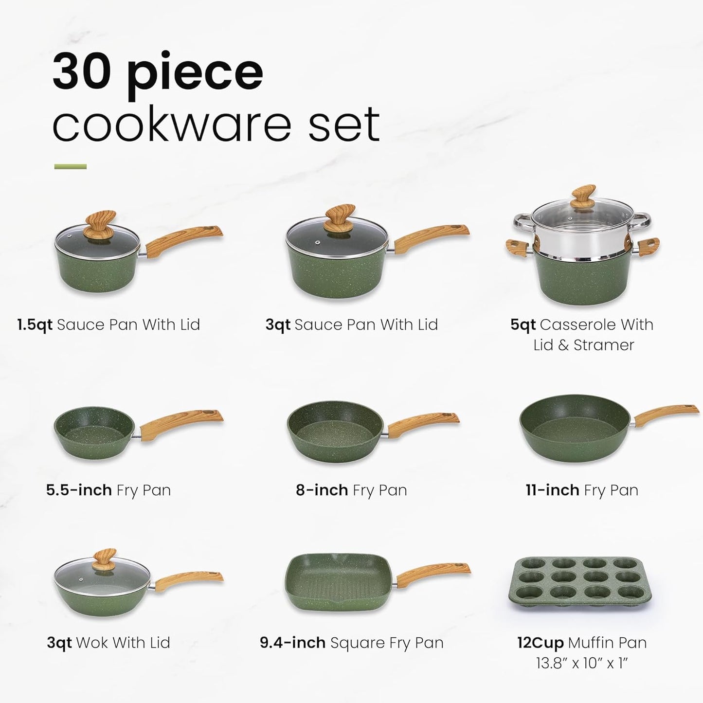 Kitchen Academy Pots and Pans Set Nonstick, 30 Pieces Induction Kitchen Cookware and Bakeware Sets, Green Granite Coating Cooking Pans Set