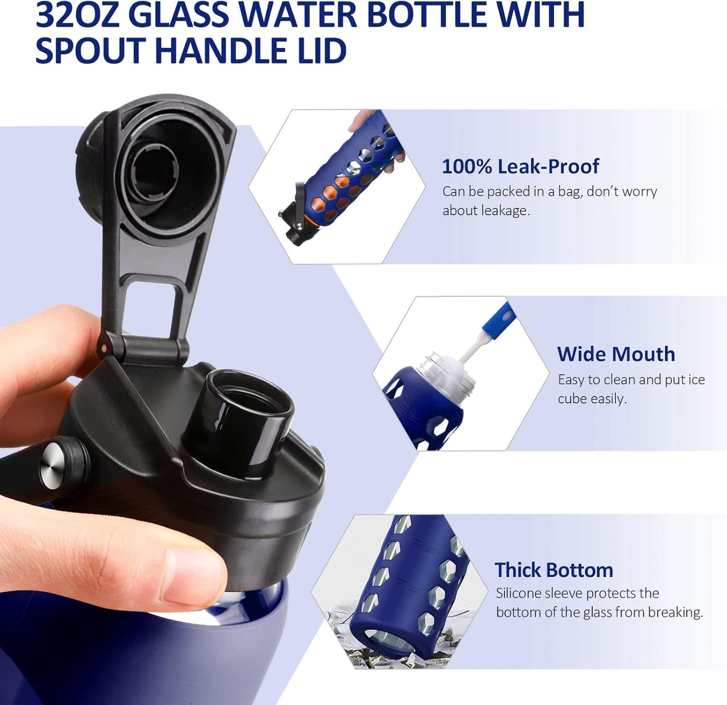 MUKOKO 24oz Glass Water Bottle with 2 Lids-Handle Flip Lid&Bamboo Straw Lid,Motivational Water Tumbler with Time Marker Reminder and Silicone Sleeve, Leakproof-Blue