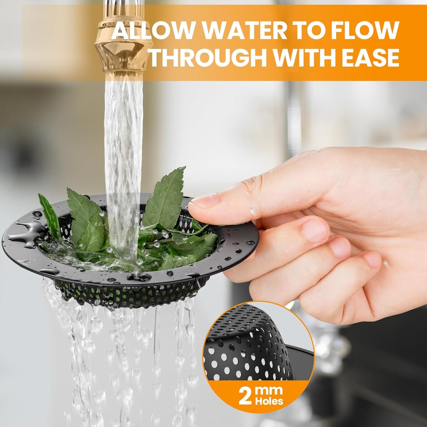 Black Kitchen Sink Drain Strainer, Sink Drain Cover, Food Catcher, Large Wide Rim 4.5" Diameter, Stainless Steel, Pack of 2