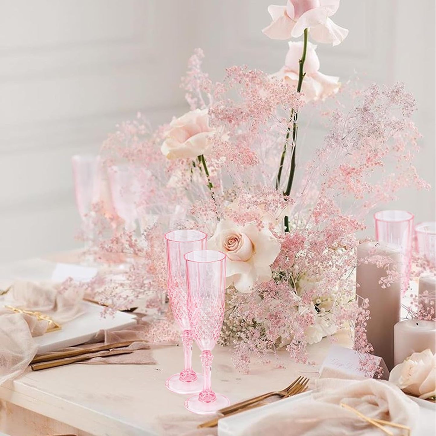 Plastic Champagne Flutes, 48PCS Pink Plastic Wine Glasses Goblets Reusable Champagne Flute for Weddings, Bachelor Parties, Toasting, and Events (48, Pink)