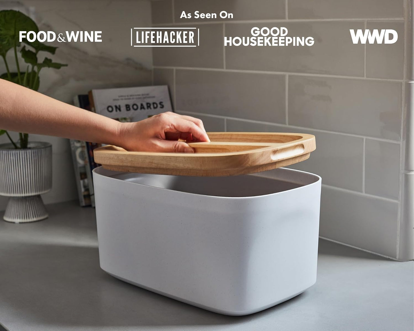 Sonder Los Angeles, Modern Bamboo Fiber and Recycled Plastic Bread Box (White) for Kitchen Countertop with Reversible Cutting Board Lid, Homemade Bread Bin Storage Container 14.25 x 9.25 x 7 in