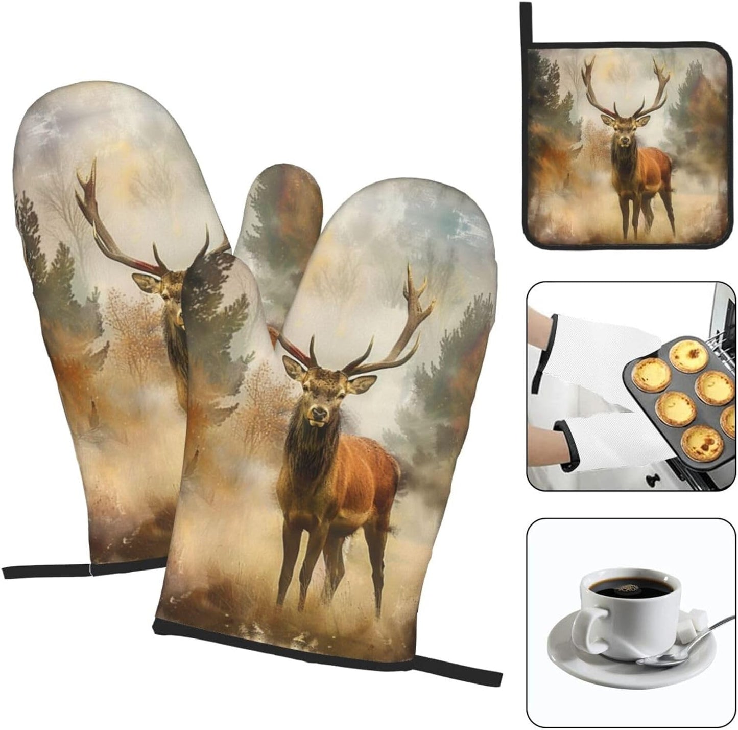 Deer Art Oven Mitts and Pot Holders Sets of 3 Heat Resistant Oven Gloves Hot Pads Non-Slip Kitchen Accessories for Baking Cooking Grilling BBQ