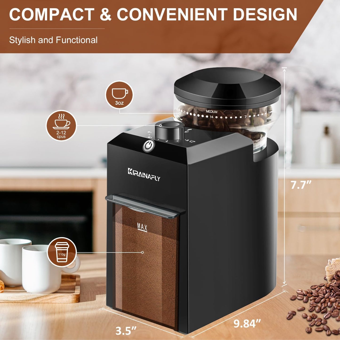 Electric Burr Coffee Grinder,Adjustable coffee grinder with 28 Precise Grind Setting for French Press, Drip Coffee and Espresso,12 Cups, Black