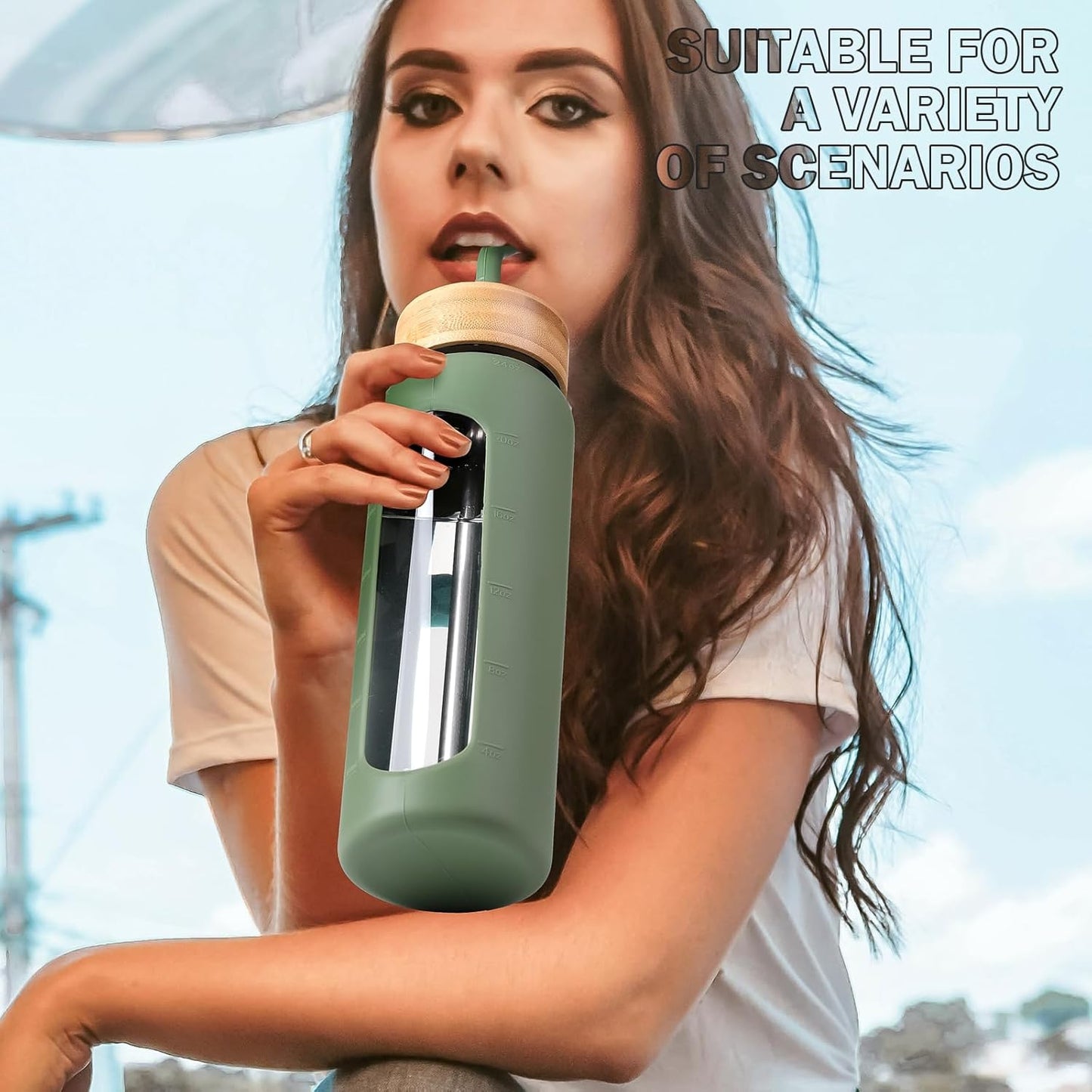 Glass Water Bottle with Straw, 24oz Glass Drinking Bottle with 2 Lids-Bamboo and Spout Lid with Phone Holder Handle for Gym Sports,with Silicone Sleeve and Time Marker,Olive