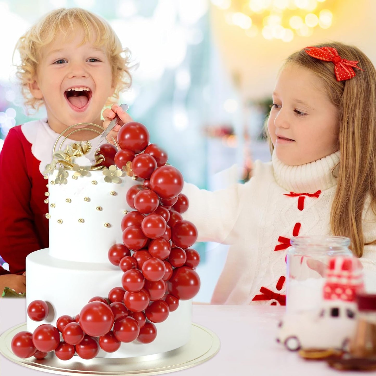 48 Pcs Balls Cake Topper Decorations Balloon Cupcake Toppers Foam Cake Topper Balls Cake Balls Decorations for Birthday Party Wedding Anniversary Cake Decorating (Red)