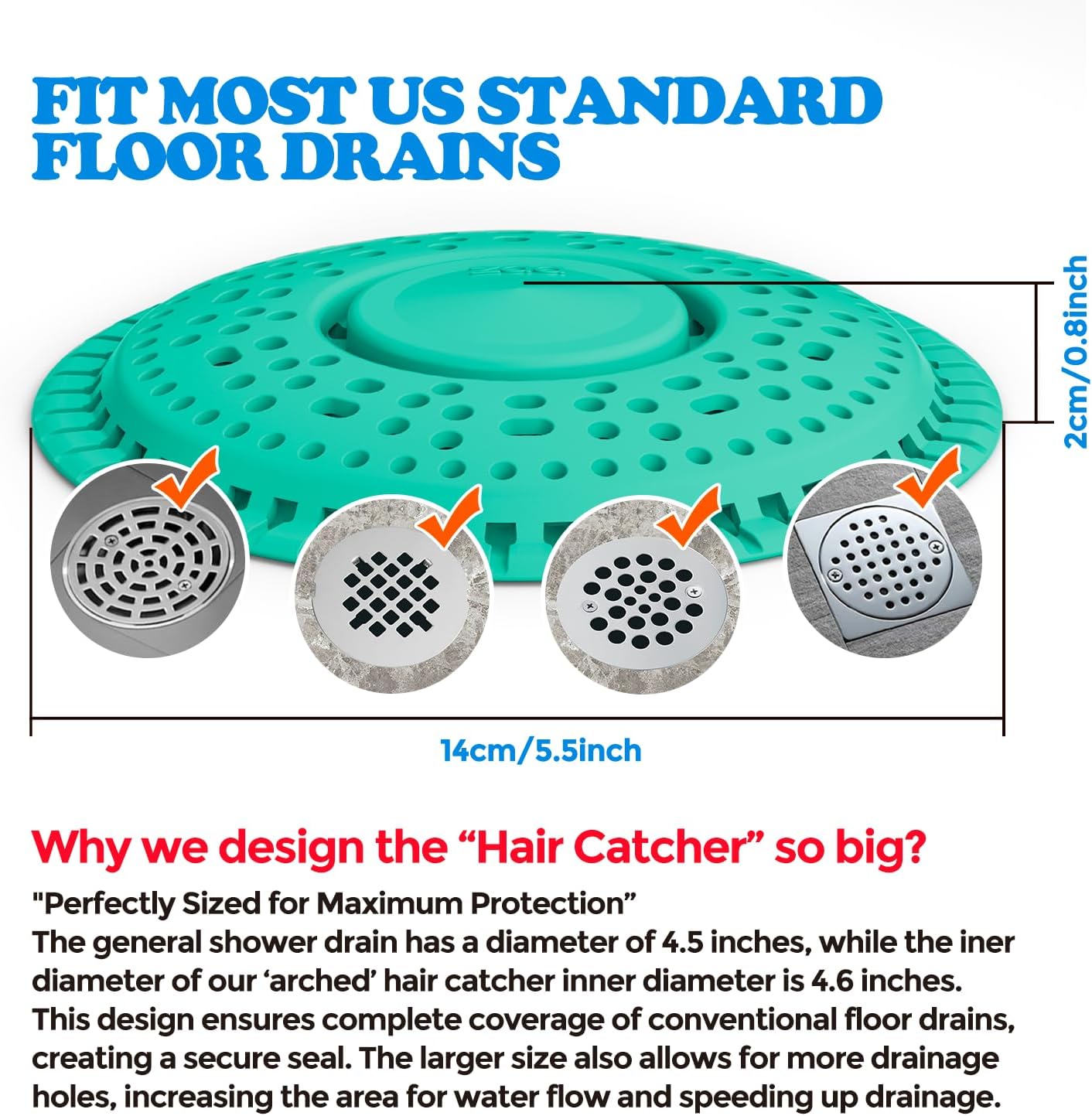 zaa Shower Drain Hair Catcher, 2 Pack Premium Silicone Drain Protector & Shower Drain Cover for Regular Drains of Shower Room and Bathroom, Mint