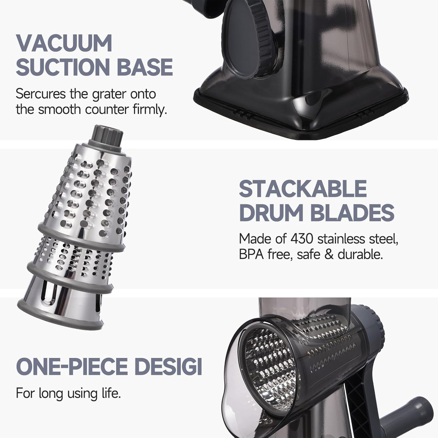 Rotary Cheese Grater Hand Crank Cheese Shredder Vegetable Mandoline Slicer for Kitchen 3 in 1 Changeable Blades for Cheese Potato Nuts Chocolate Ice (Grey TSP)