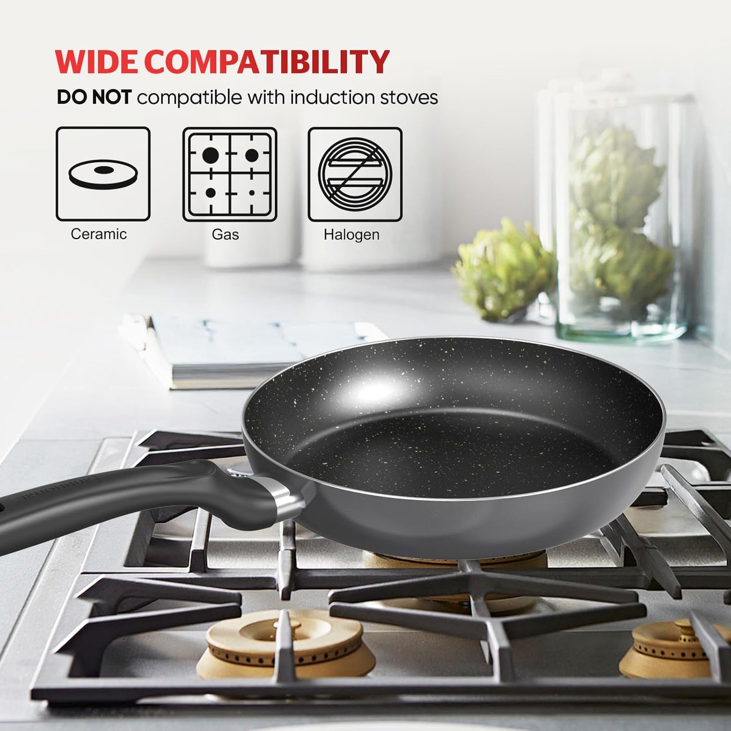 Sunhouse 3-Piece Nonstick Frying Pan Set - 8", 9.5", 11" Aluminum Frying Pan with Non-Stick Coating, PFOA-FREE, Stay-cool Handles - Gas, Ceramic