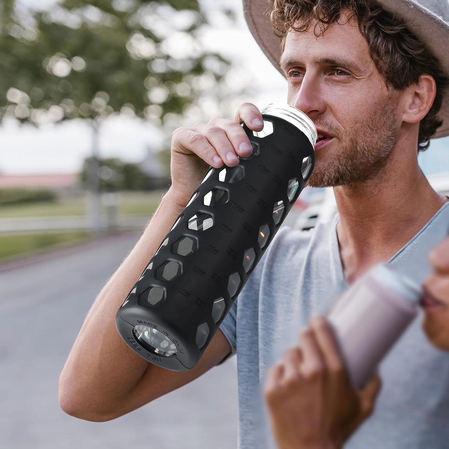 MUKOKO Glass Water Bottles, 32oz Glass Tumbler with Straw, Drinking Bottles with 2 Lids-Handle Spout Lid&Bamboo Straw Lid, Motivational Water Bottle with Time Marker and Silicone Sleeve, 1 Pack-Black