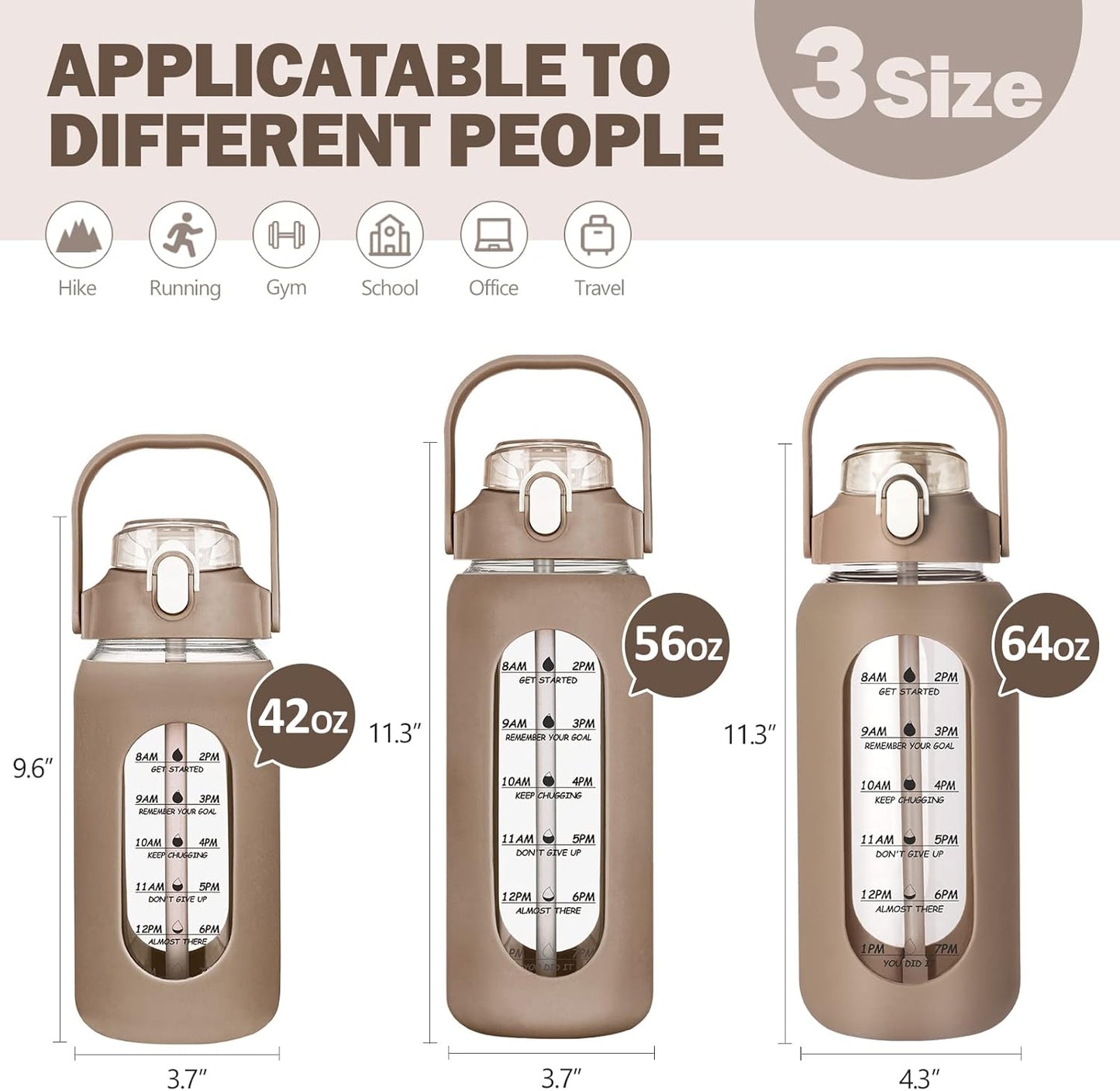 kytffu 64oz Glass Water Bottles with Straw, Half Gallon Motivational Glass Bottle with Silicone Sleeve and Time Marker, 2L Leakproof Large Glass Water Jug for Gym Home Office,Amber