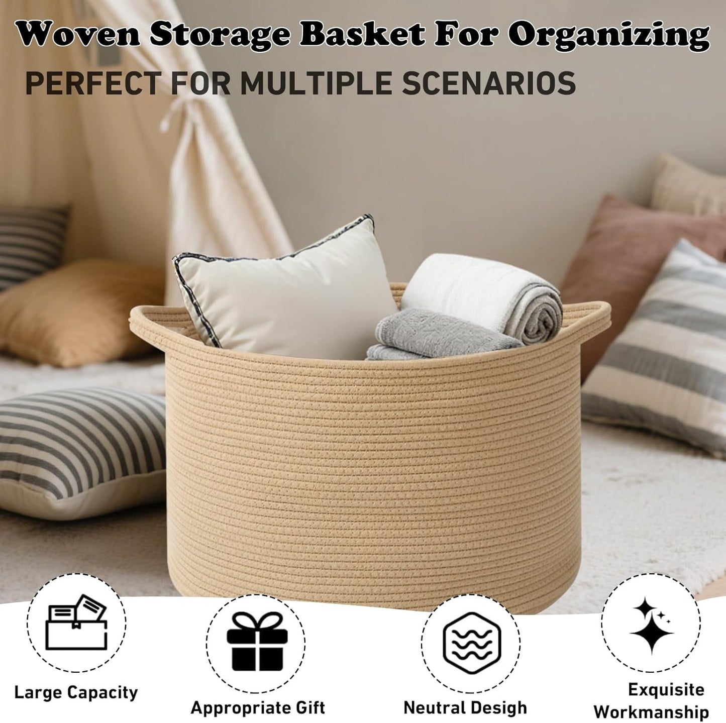 Large Blanket Basket for Organizing,115L Closet Organizers and Storage Bins Box for Shelves Woven Rope Storage Baskets,Living Room,Bedroom,Dorm,Laundry room (Camel)