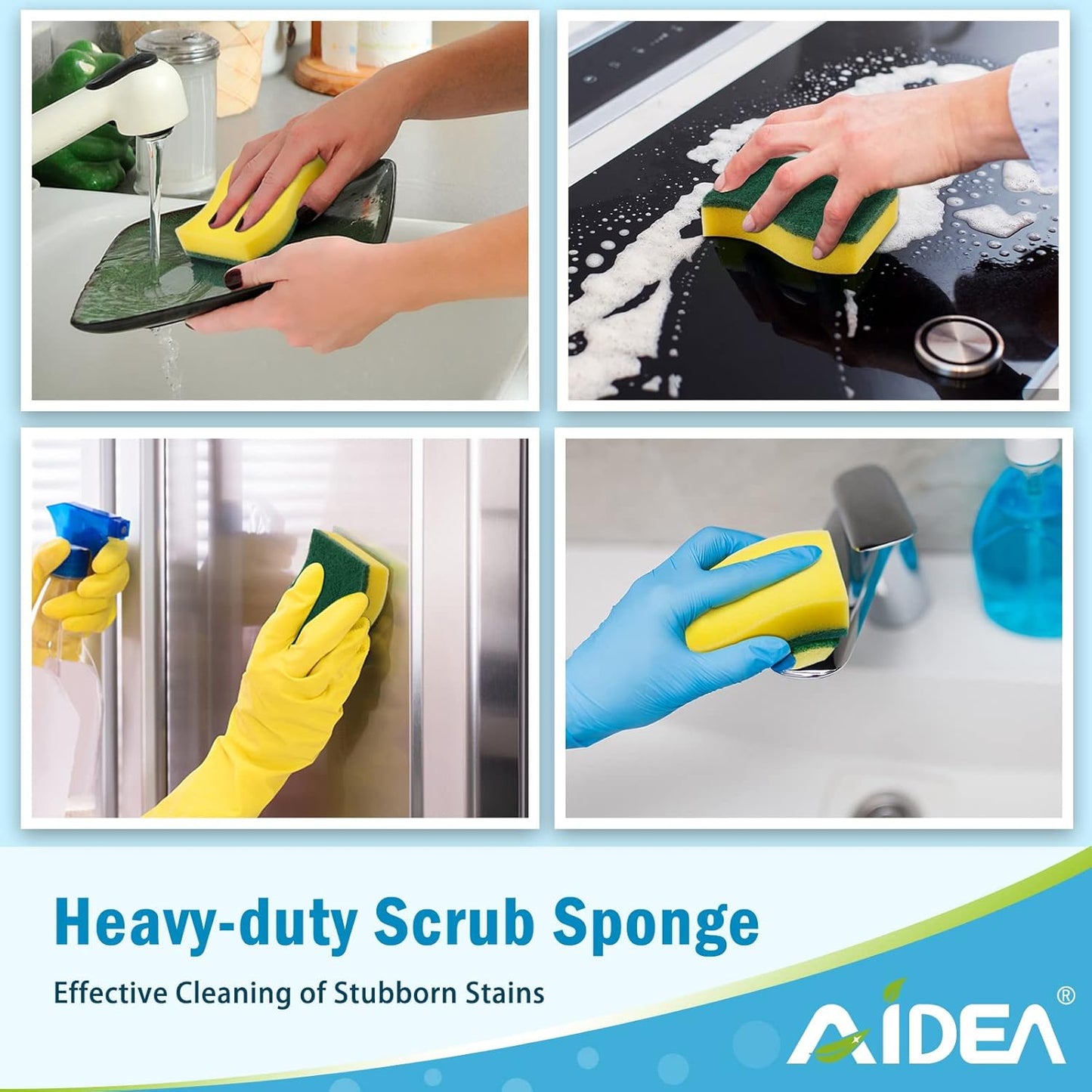 AIDEA Heavy Duty Scrub Sponge-12 Count, Kitchen Dish Sponge, Stink-Free Cleaning Sponge, Effortless Cleaning Eco Scrub Pads for Dishes,Pots,Pans All at Once