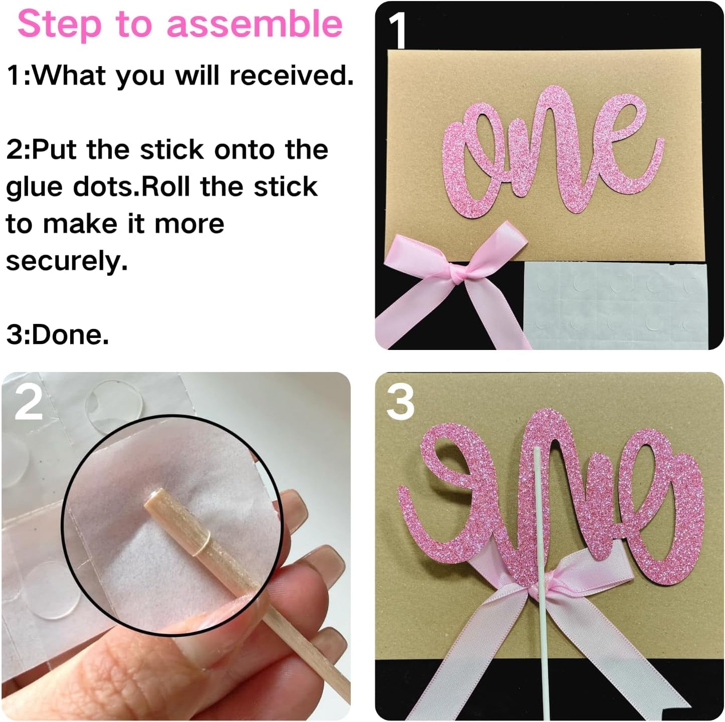 ALISSAR 1st Birthday Cake Topper with 8 Pink Bows – First Birthday Cake Decorations for Girls, Pink Bow, One Cake Topper for 1st Birthday Party