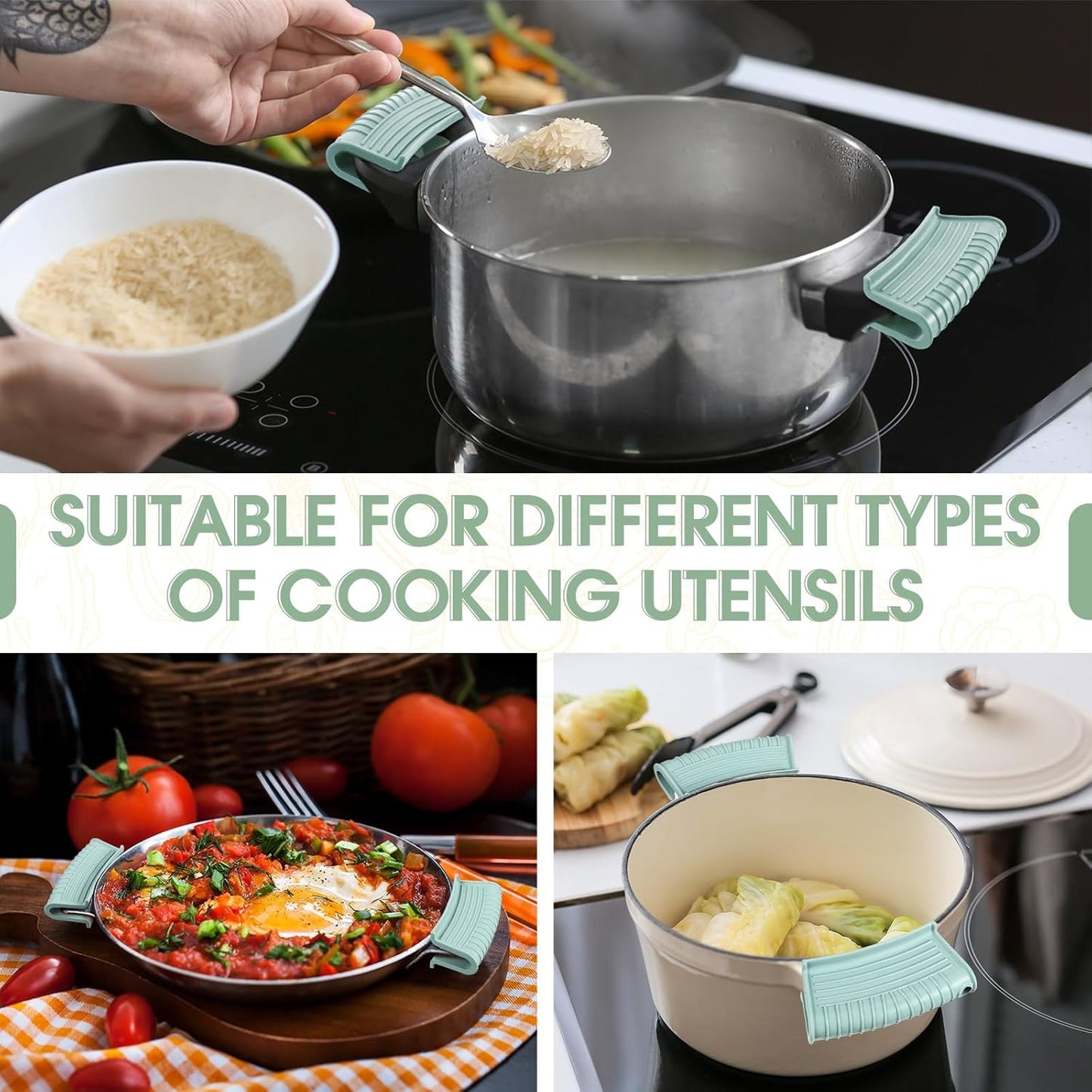 Patelai 4 Pcs Silicone Assist Hot Pan Handle Holder Pot Handle Covers for Cast Iron Skillets Holder Sleeve Nonslip Heat Resistant Pan Cover for Enameled Griddles Casserole Frying Cookware(Mint Green)