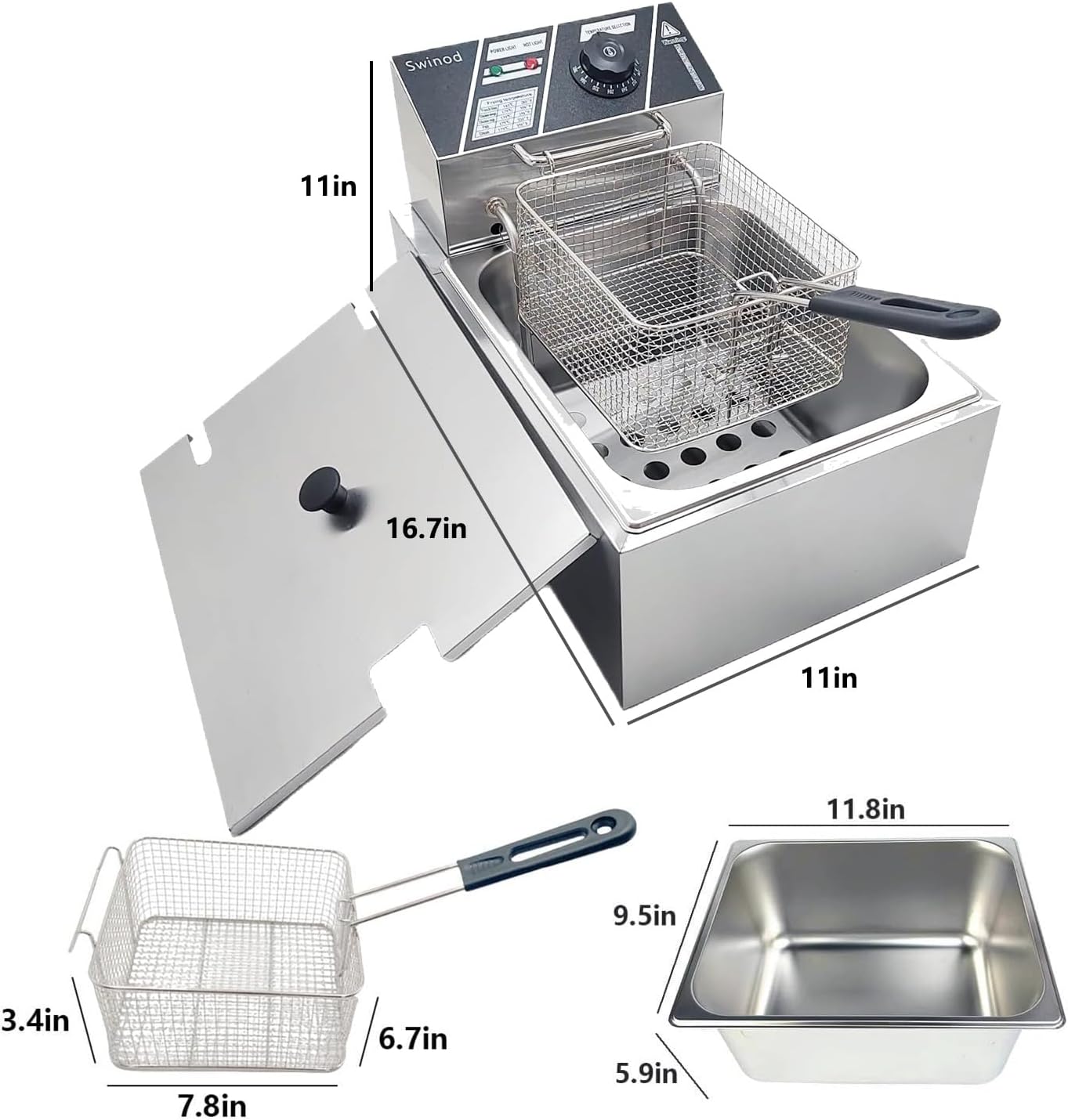 Electric Deep Fryer with Basket for Home Use, Countertop Commercial Deep Fryer 1700w Powerful Performance 9.7Qt Large Capacity Stainless Steel Oil Fryer, Temperature Control