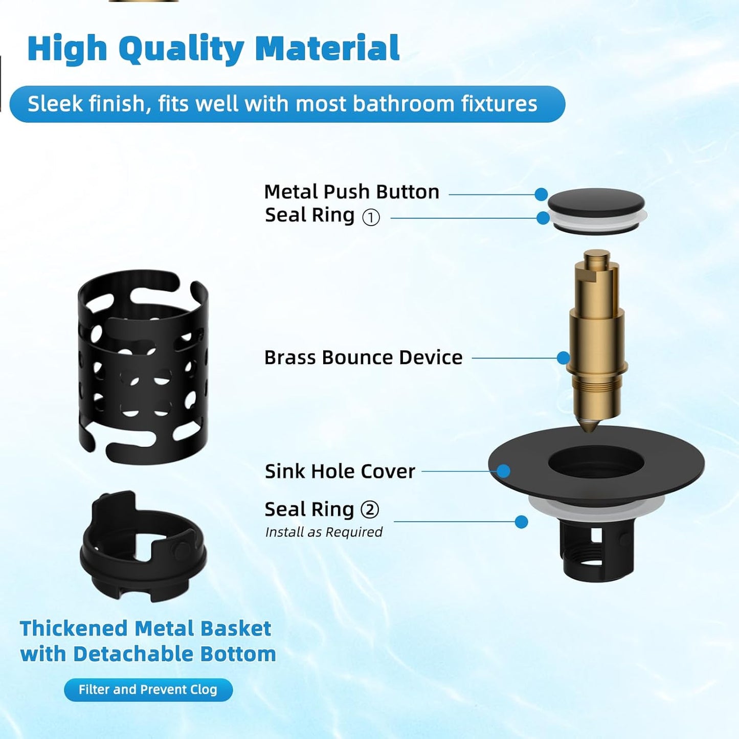 Universal Bathroom Sink Stopper Hair Catcher Upgraded with 2-Layer Detachable Filter Basket, 4 in 1 Pop Up Drain Strainer, Anti-Clog, Odor-Block, Universal Fit for 1.1''~2.36'' Sinks, Matteblack