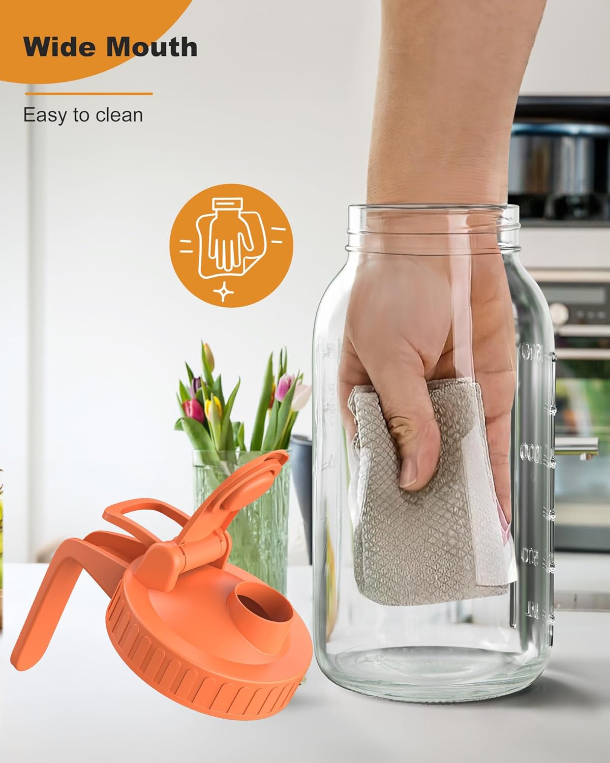 | 2 Pack | 64oz | Glass Mason Jar Pitcher with Lid and Spout, 2 Quart (1.9 Liter) Airtight Glass Water Jug Wide Mouth for Juice, Sun Tea, Iced Coffee, Milk Storage, Purple & Orange