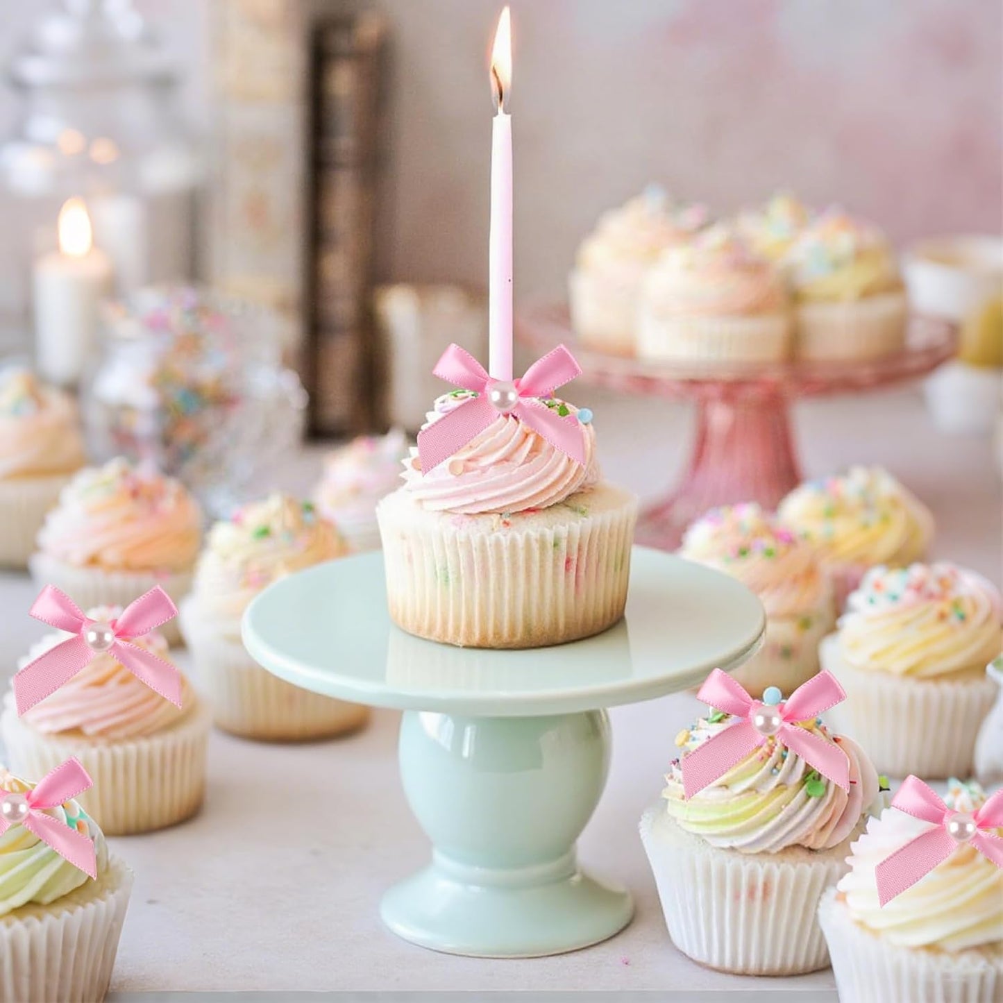 12 Pcs Mini Pink Pearl Bow Cake Toppers Pearl Bows Cake Decorations Ribbon Bowknot Birthday Cupcake Topper Pearls Bow Knot Ornament for Bachelorette Birthday Engagement Wedding Party Supplies