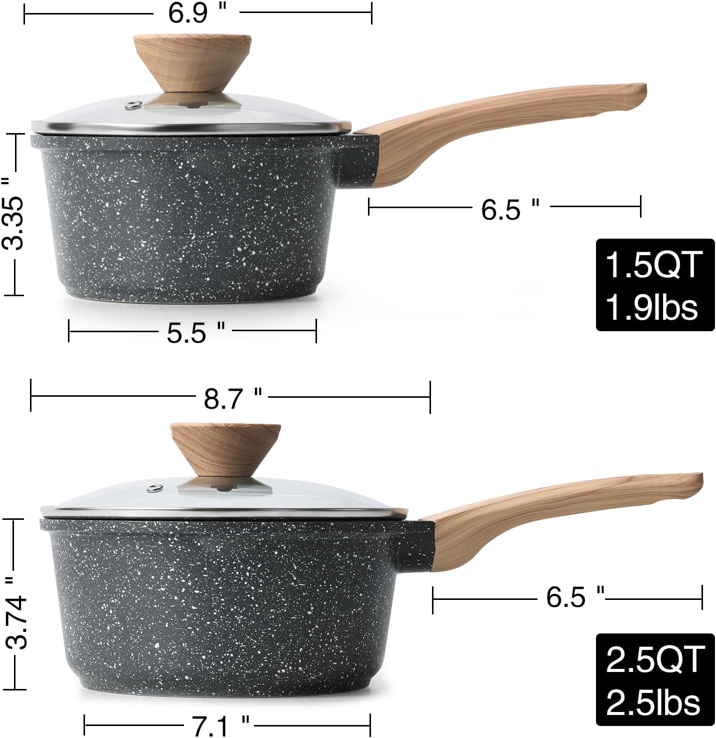 Kordisen Sauce Pan Set with Lid, 1.5QT & 2.5QT Non Stick Small Pots with Granite Coating, Saucepan with Pour Spout, Multipurpose Induction Cooking Pans, PFOA/PFOS Free