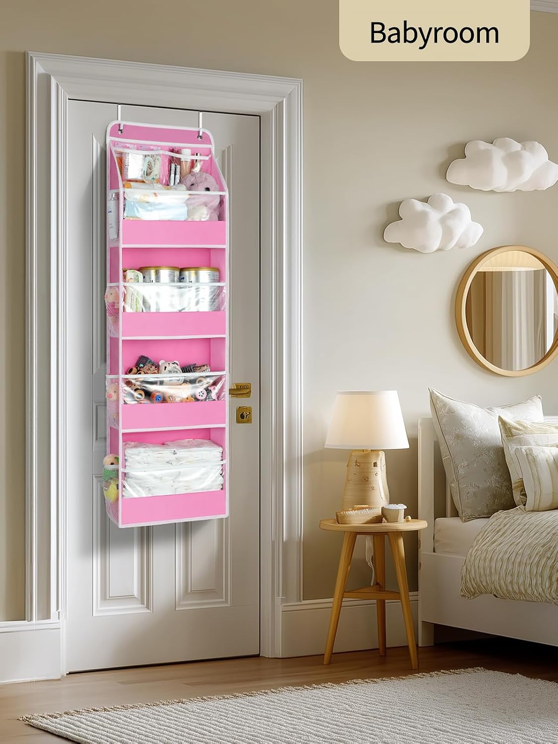 Yecaye 5 Tier Over the Door Organizer, Swing-proof Door Organizer Hanging with Clear PVC Windows, Behind the Door Storage for Bedroom Nursery Closet Laundry Pantry Bathroom, Bubblegum Pink